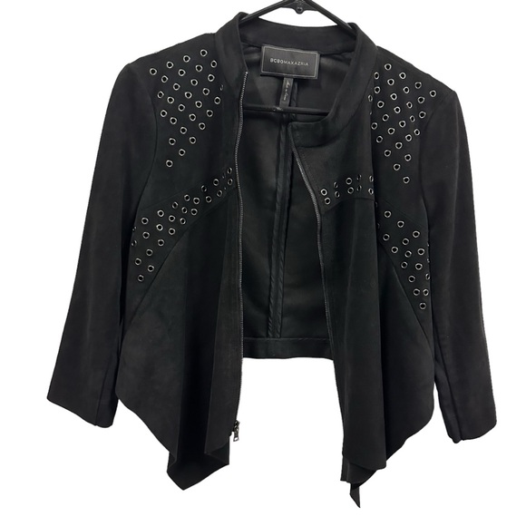 BCBGMaxAzria Black Faux Suede Asymmetrical Cropped Eyelet Studded Zip Jacket S - Picture 7 of 12